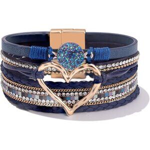Leather Wrap Bracelets Boho Stackable Cuff Trendy Resin Stone Rhinestone Jewelry